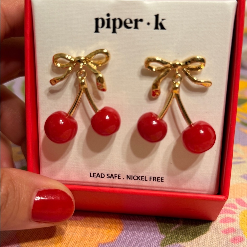 Piper Gold and Red Cherry Earrings for Kids - Picture 2 of 4